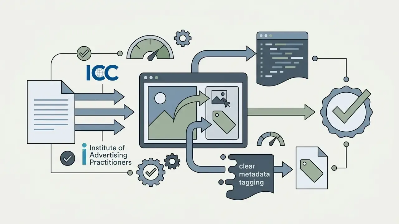 System showing ICC and industry guidelines for applying metadata tags to AI art for compliance