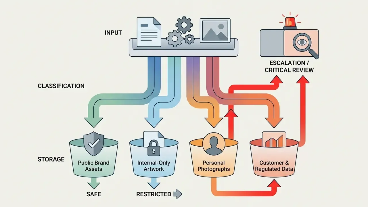 Data inputs flowing through a classification engine into categorized storage bins or critical review