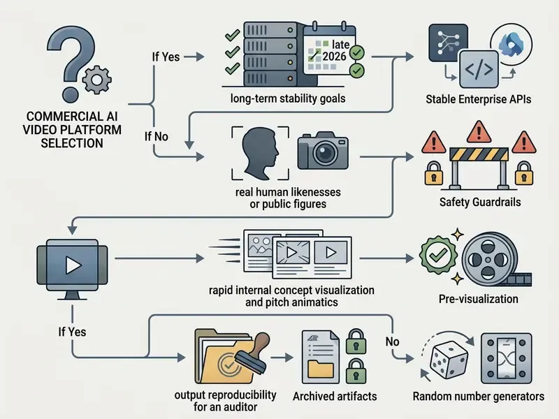 Decision tree diagram for selecting a commercial AI video platform based on specific workflow requirements