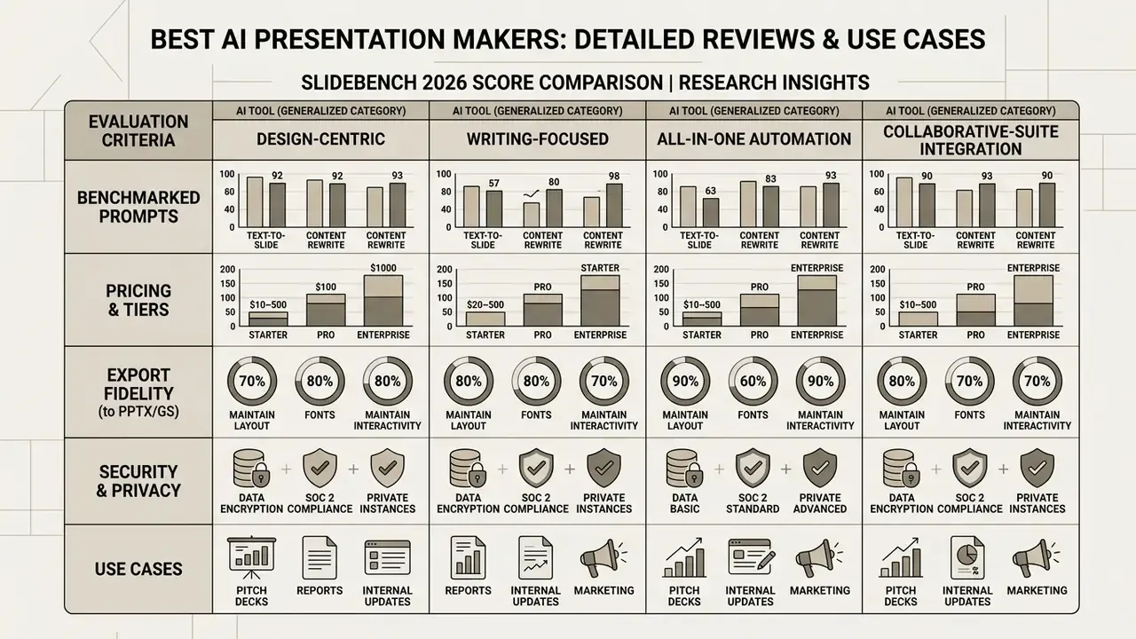 Data table comparing benchmark scores, pricing, and features for various AI presentation tool categories