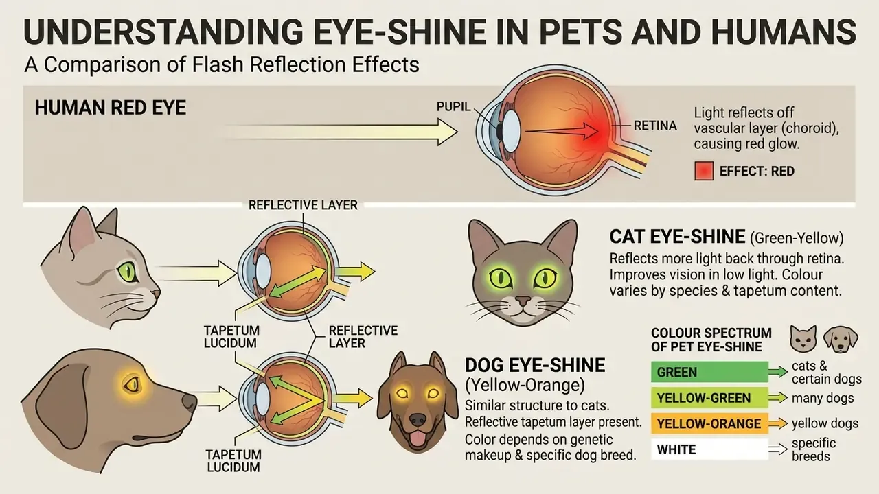 Comparison of light reflection in human and animal eyes showing retina and tapetum lucidum anatomy