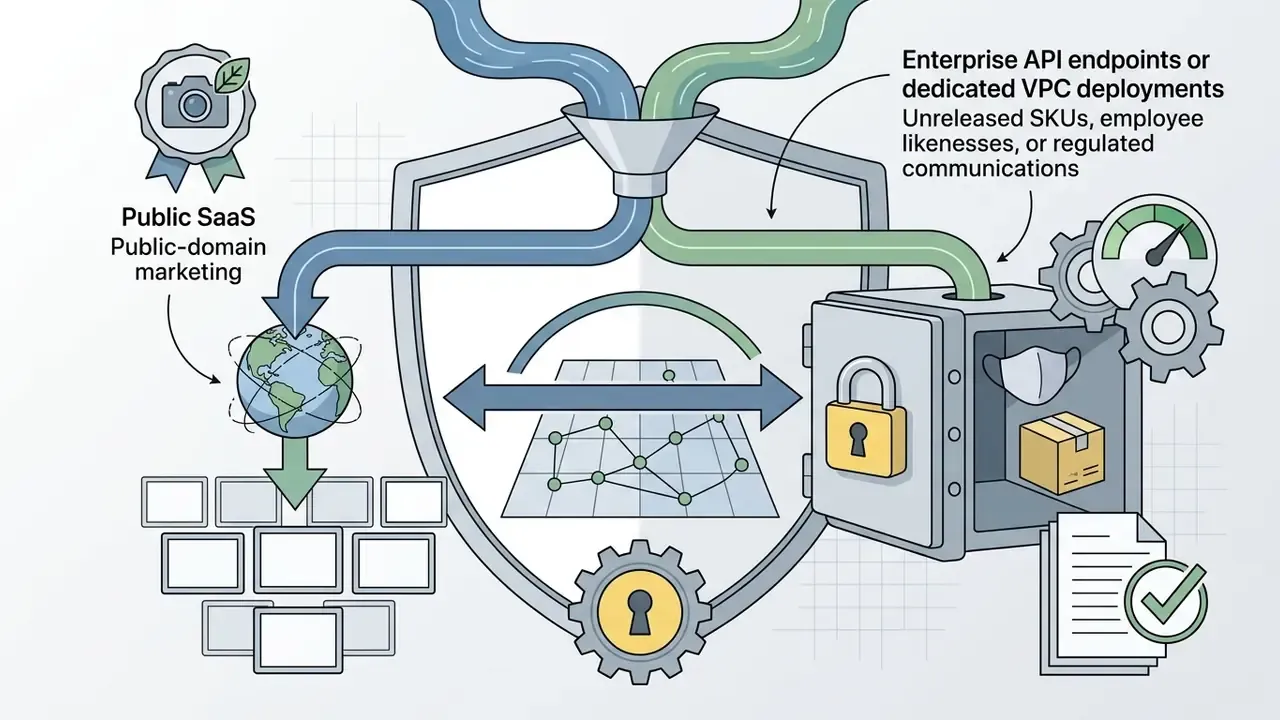 Data streams diverging into public cloud or private vault storage paths protected by a shield icon