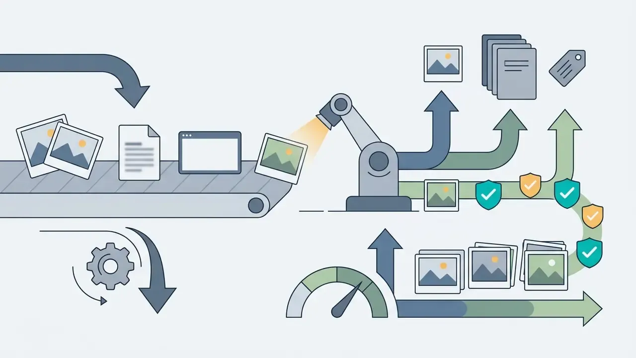 Automated robotic arm sorting digital assets from a conveyor belt into categorized files and tagged data