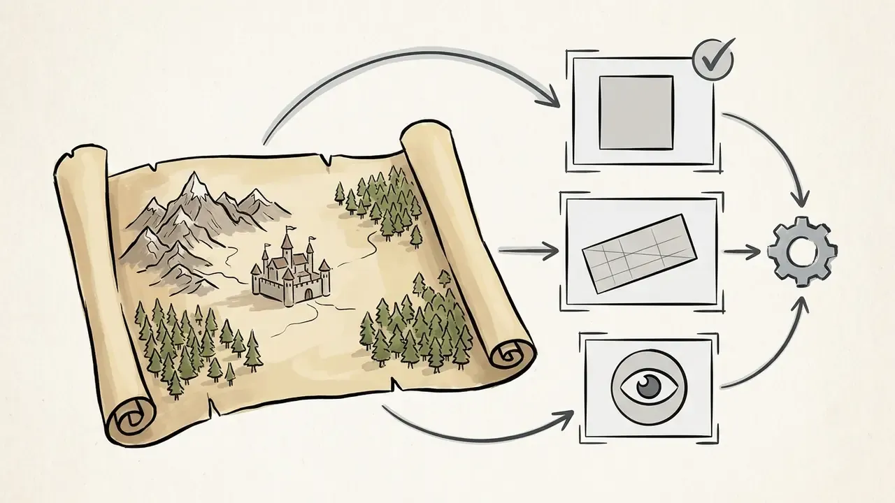 Hand-drawn map scroll connected by arrows to icons for frame, grid, and eye view settings