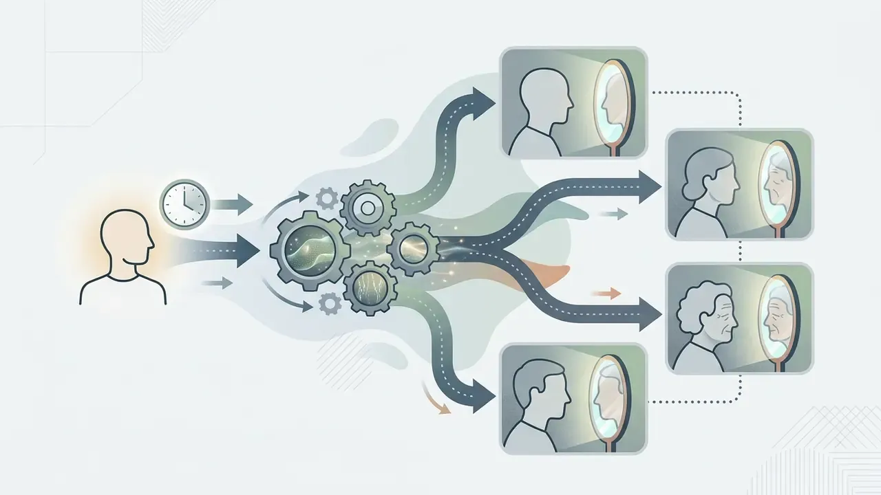 Person silhouette entering a gear mechanism that outputs various reflections of aging faces in mirrors