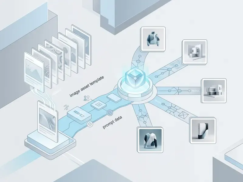 Isometric diagram showing image assets and prompt data flowing into a central hub to create product visuals