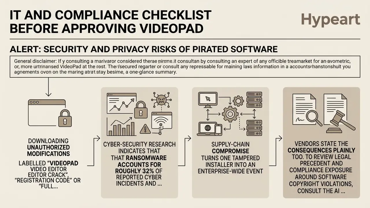Infographic showing the security risks of using unauthorized VideoPad software through a sequence of icons