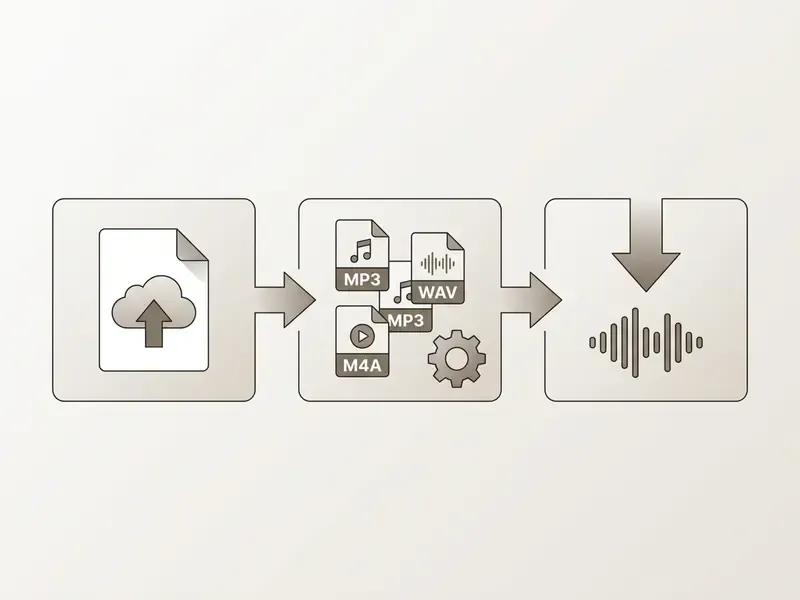 Three-step process showing video upload, selection of audio formats, and final download of the audio file