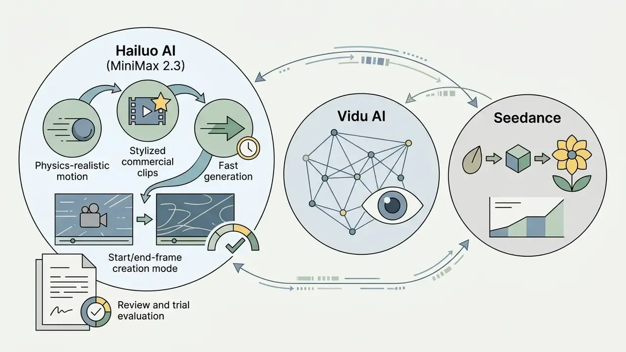 Three connected circles representing Hailuo AI, Vidu AI, and Seedance with icons for video generation