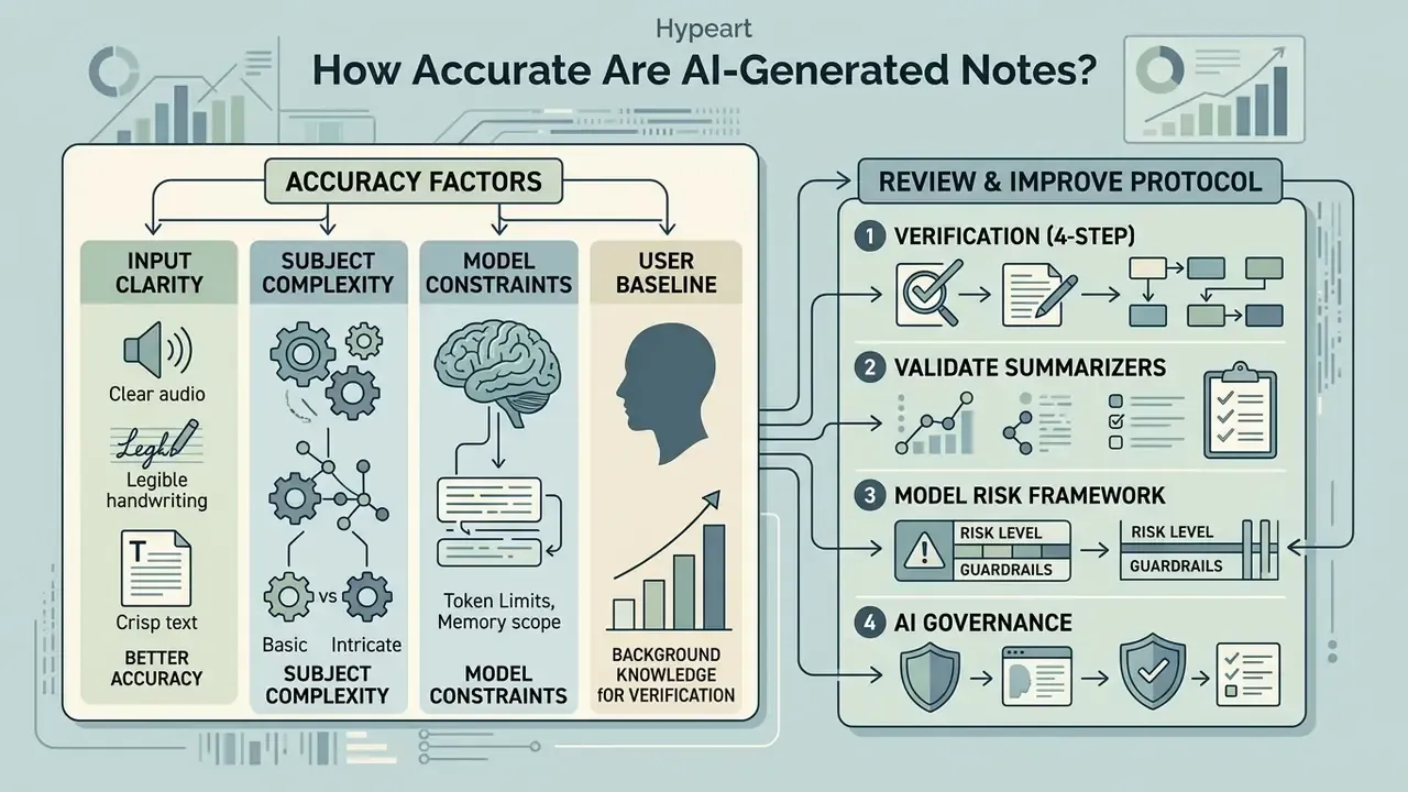 Infographic detailing accuracy factors and a four-step protocol for reviewing automated content outputs