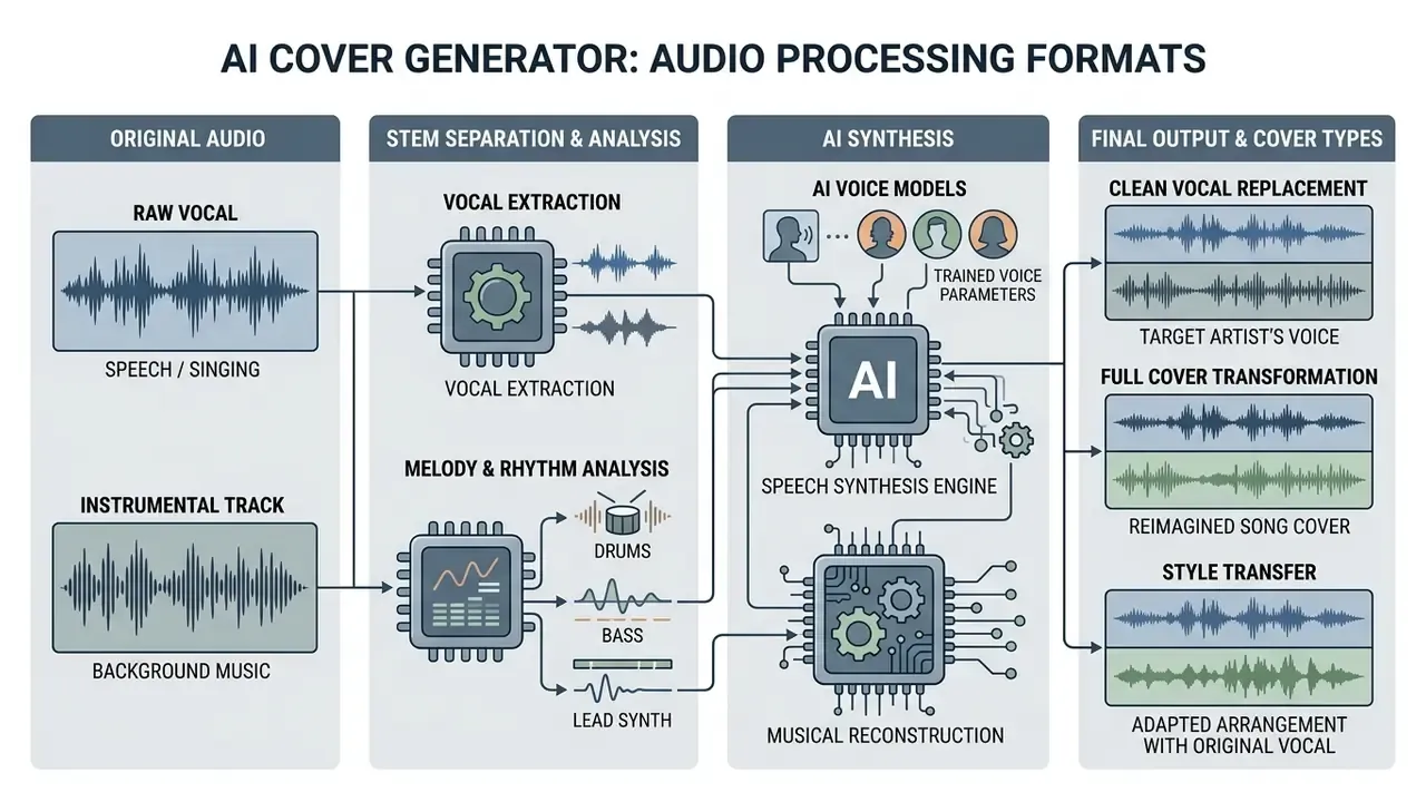 Diagram detailing audio processing steps from raw source tracks to final AI generated song outputs