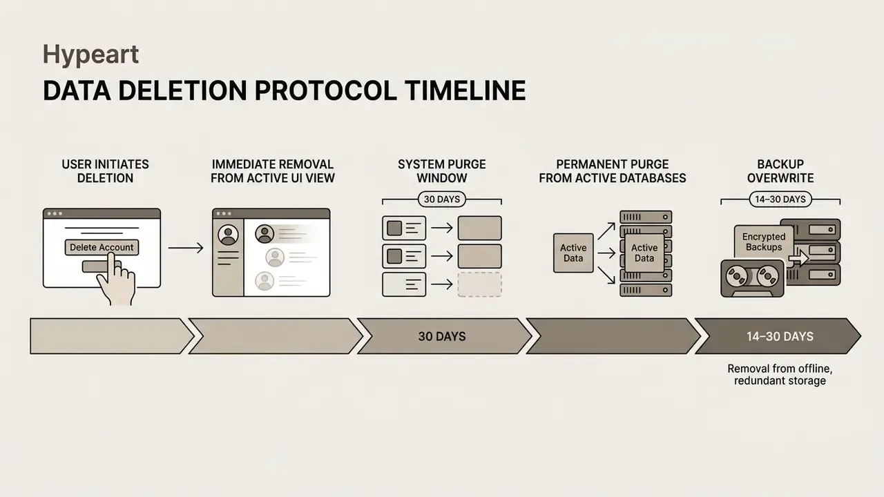 Timeline showing the sequential steps for permanent data deletion from active databases and backups