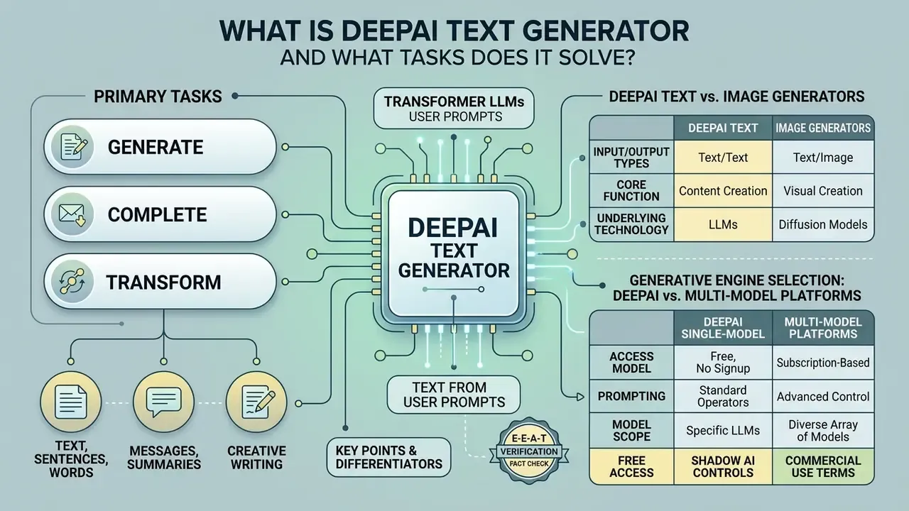 Infographic showing the primary tasks and comparative features of the DeepAI text generator platform