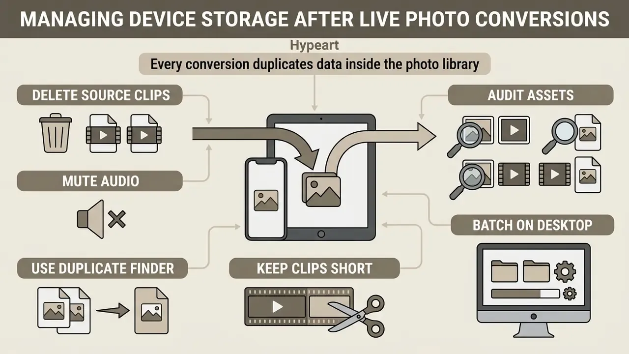 Diagram showing tips to save storage space after you turn a video into a live photo