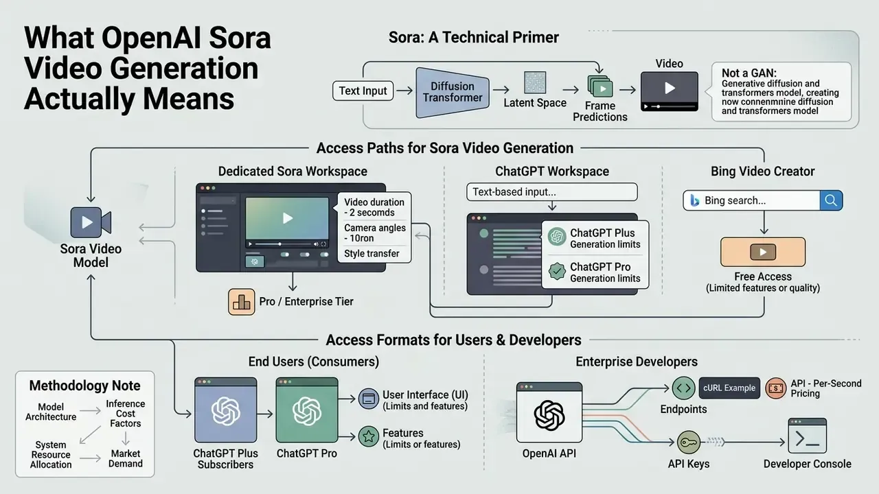 Infographic showing technical paths, workspaces, and developer access formats for OpenAI Sora models
