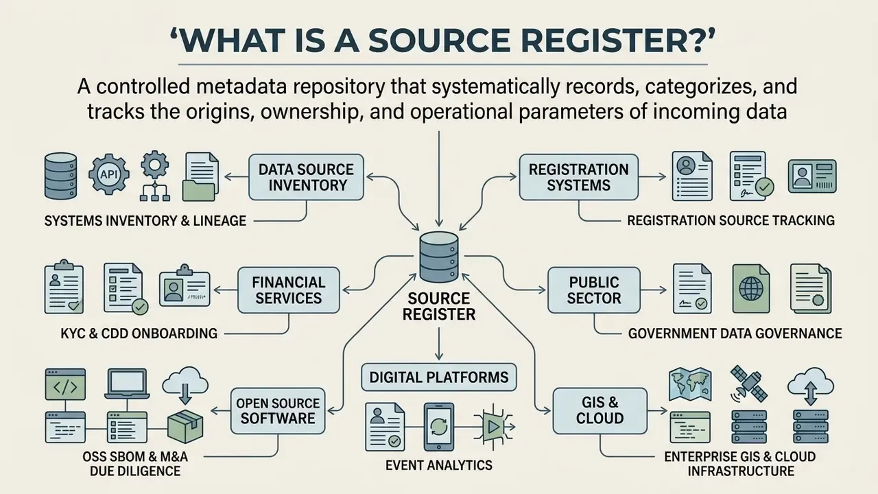 Flowchart showing a central Source Register connected to various data categories like financial services and GIS
