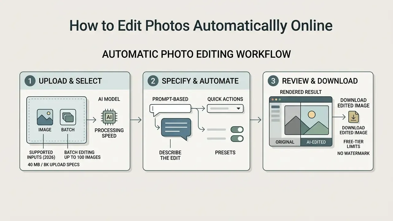 Three-step workflow diagram for using an automatic photo editor online to process and download images