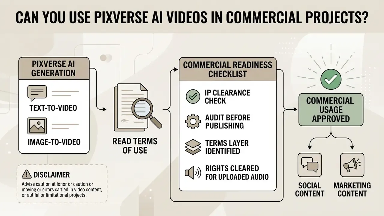 Workflow for verifying PixVerse AI video commercial readiness through terms review and IP clearance