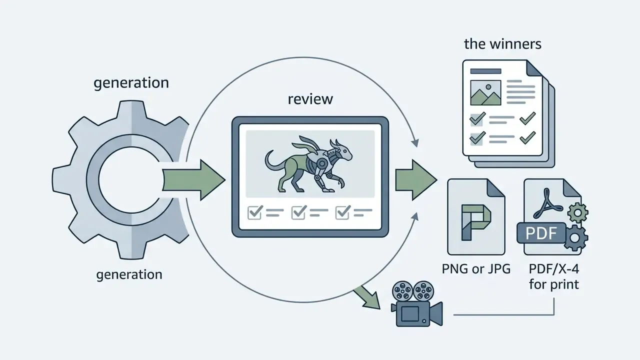 Workflow showing generation, review of a hybrid creature, and export to image or PDF formats