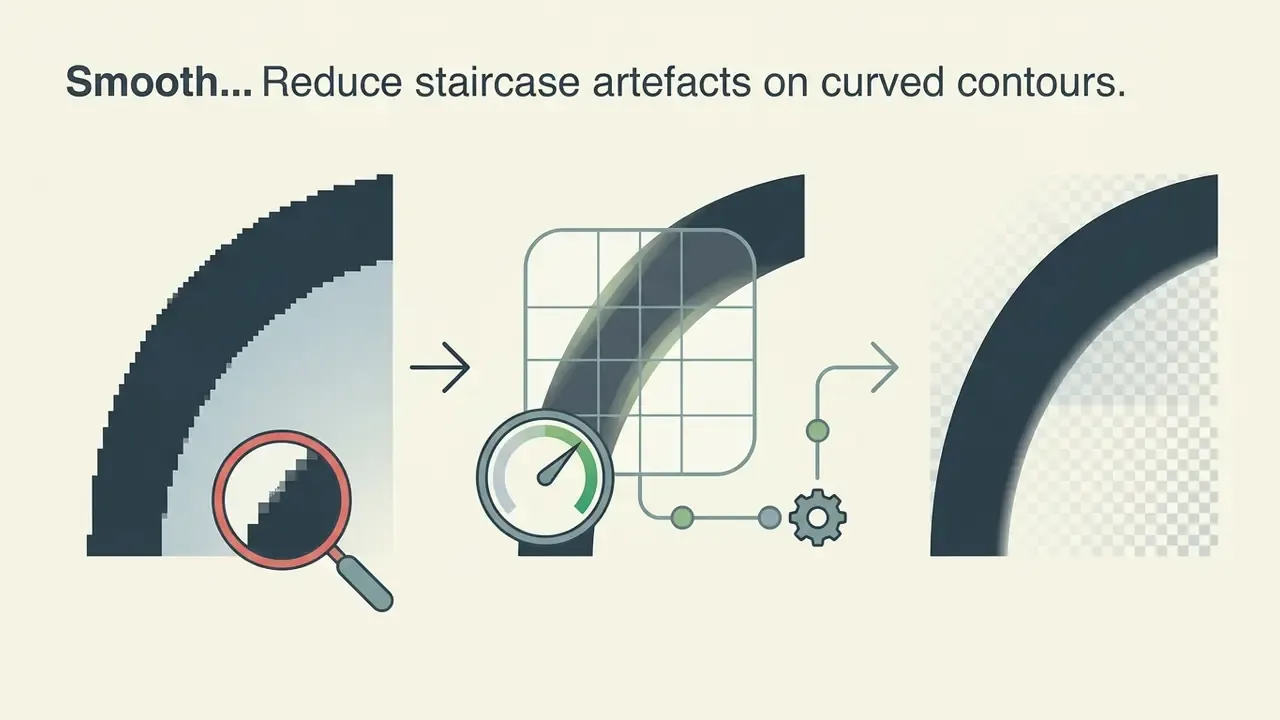 Magnifying glass inspecting jagged pixels on a curve being smoothed by a gauge and gear adjustment tool