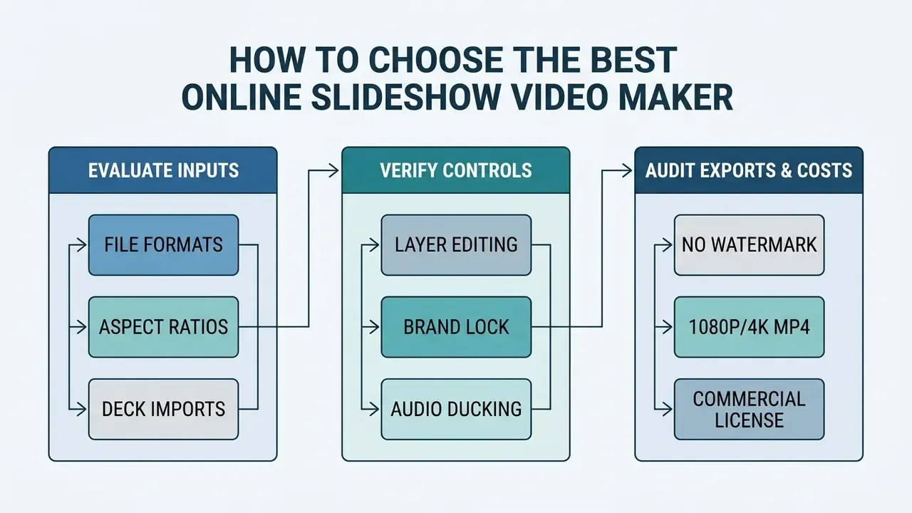 Three stage flowchart outlining the evaluation of media inputs, editing controls, and final video exports