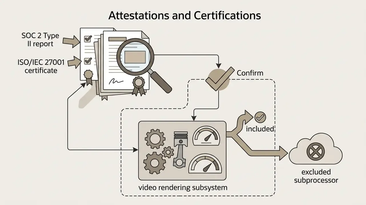 Magnifying glass examining compliance documents linked to a video rendering subsystem status check