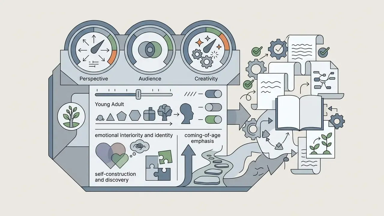 Control panel with gauges and settings for young adult narrative themes feeding into a collection of documents