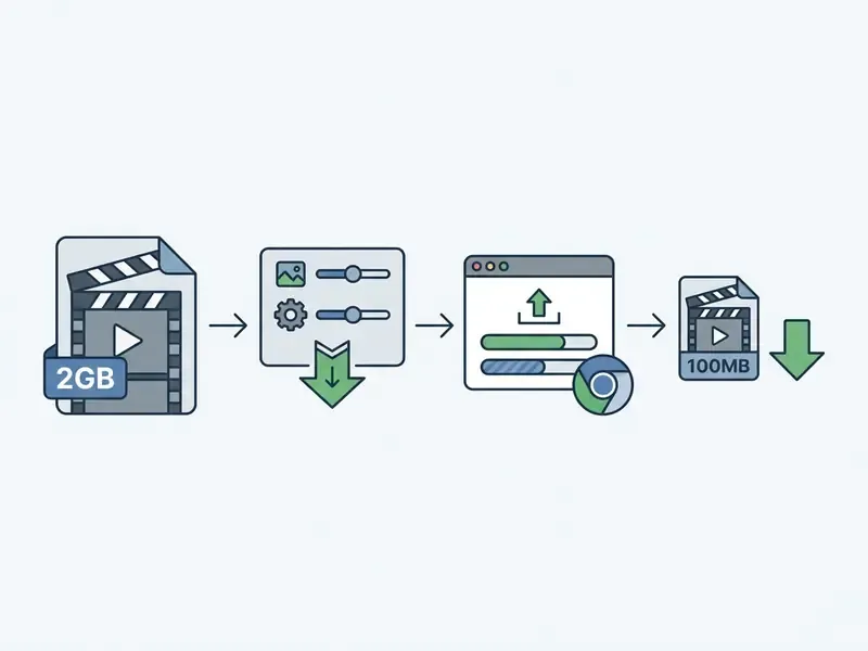 Four sequential steps showing how to compress a 2GB video online using settings and a web browser