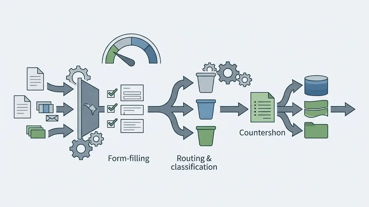 Documents flowing through a gear-driven processor for form-filling, routing, and classification tasks