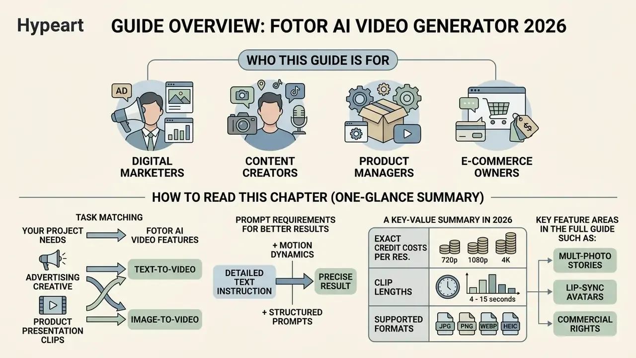 Infographic showing target users and technical summary of the Fotor AI video generator features and capabilities