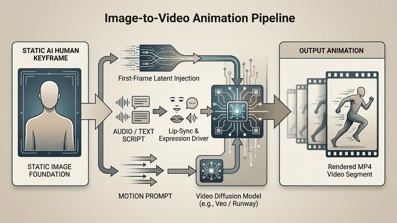 Visual representation of a pipeline converting a static human keyframe into an animated video segment