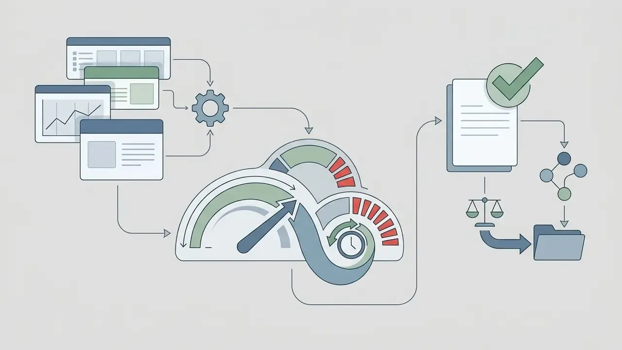 Data windows and a gear feeding a central speed gauge that outputs a checked document to a file folder