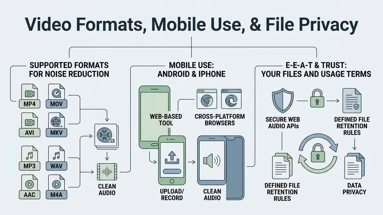 Diagram detailing supported media formats, mobile browser accessibility, and file privacy standards