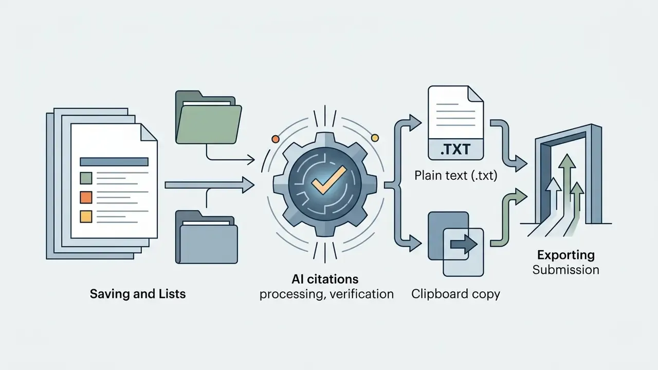 Reference lists being processed by a gear icon and exported as text files or clipboard copies for submission