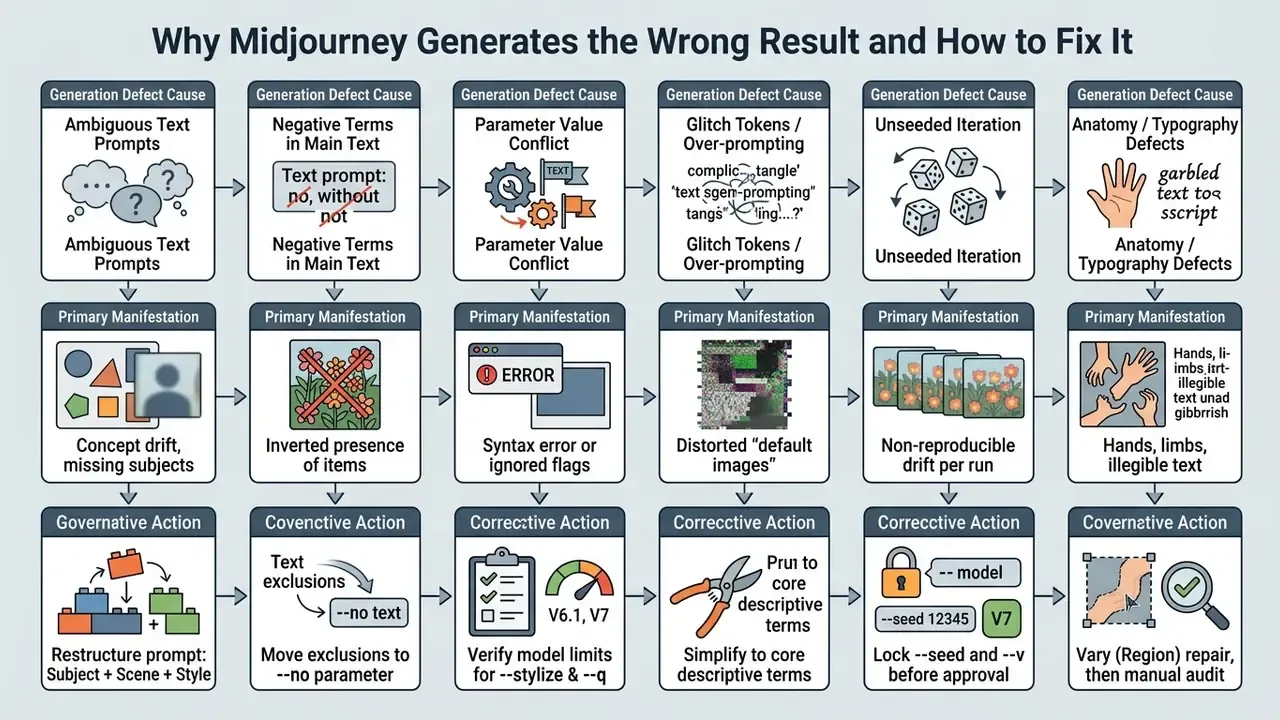Grid chart mapping Midjourney AI generation defects to their manifestations and corrective actions
