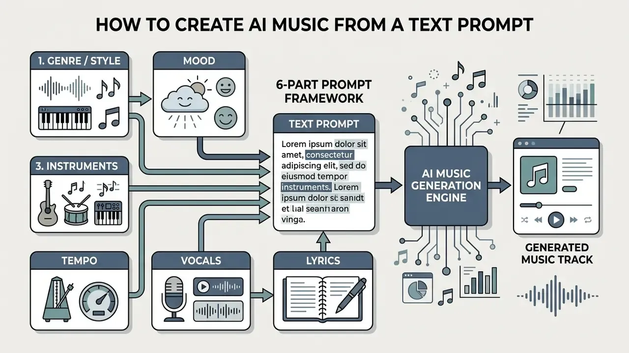 Six components of a prompt framework feeding into an AI engine to produce a finished music track