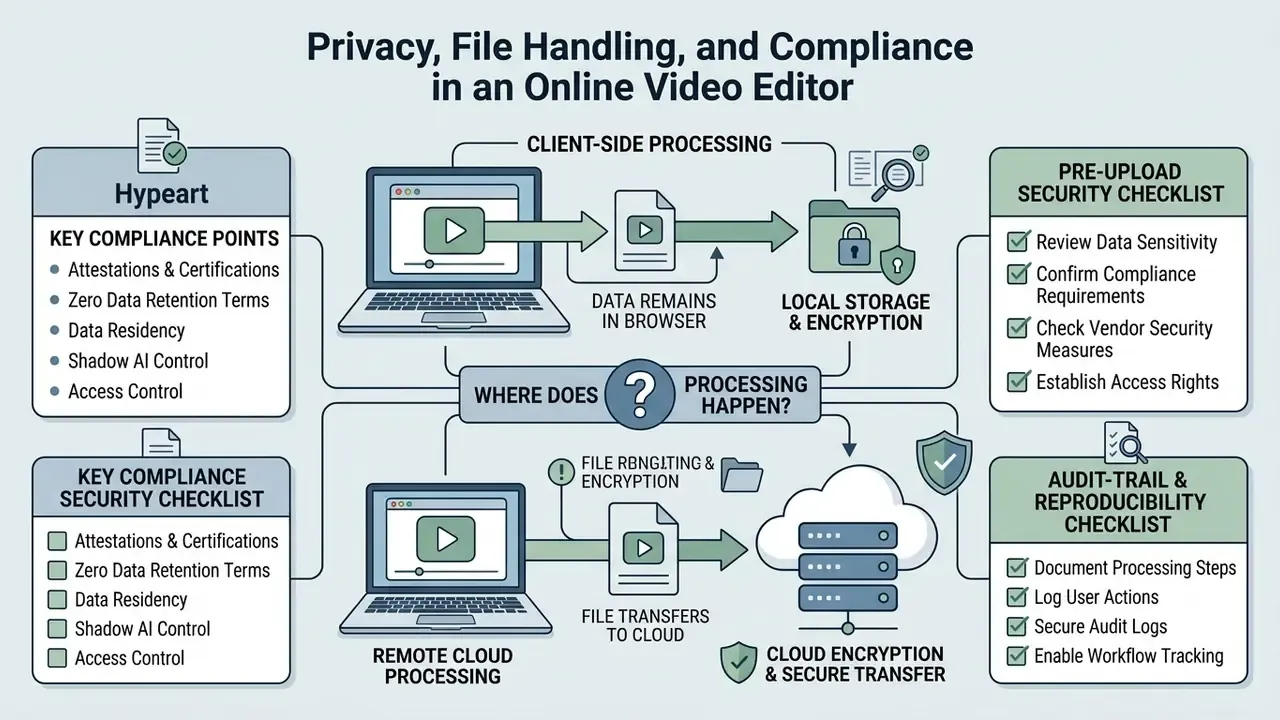 Infographic comparing local browser processing versus remote cloud server processing for video files