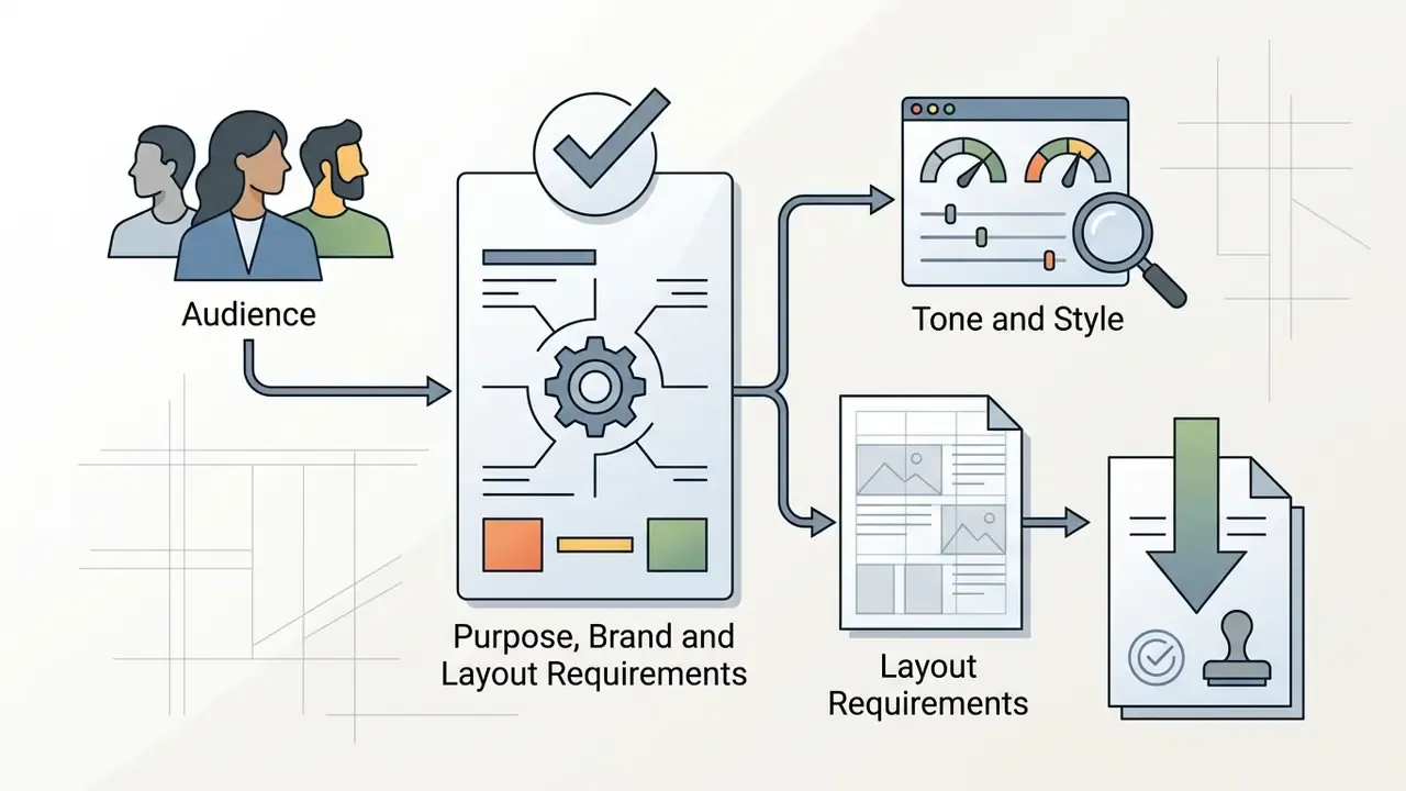 Icons for audience and requirements feeding into a processor to generate style and layout specifications