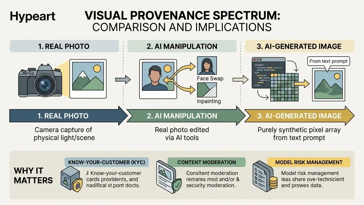 Diagram showing the progression from real camera photos to AI-manipulated images and synthetic generation