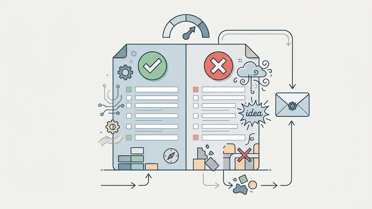 Split view comparing structured checklist items with disorganized ideas leading to email output