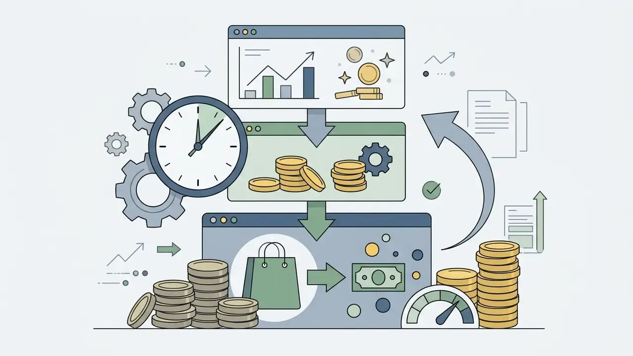 Three stacked windows showing data analysis, coin accumulation, and shopping conversion processes