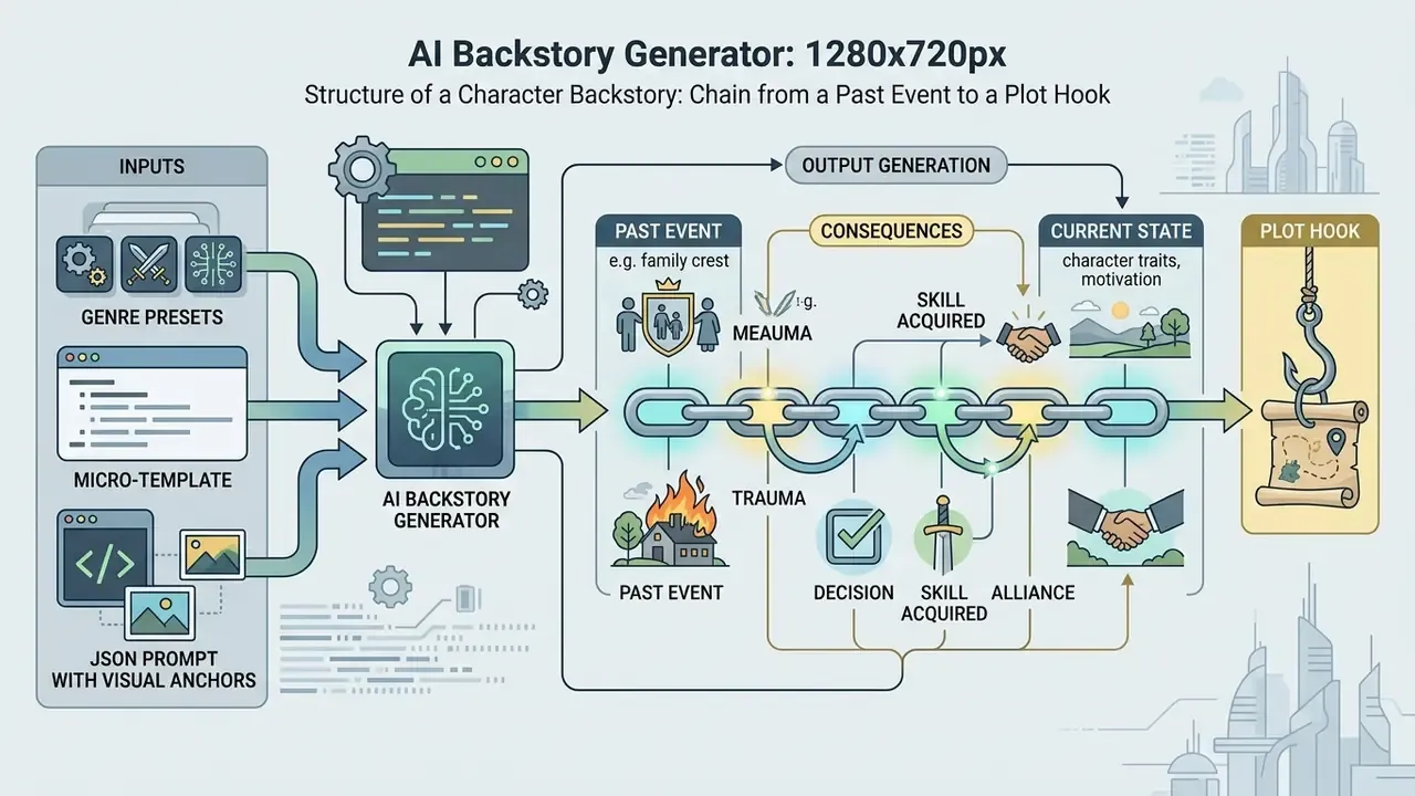 Diagram showing an AI backstory generator linking input data to a narrative chain ending in a plot hook