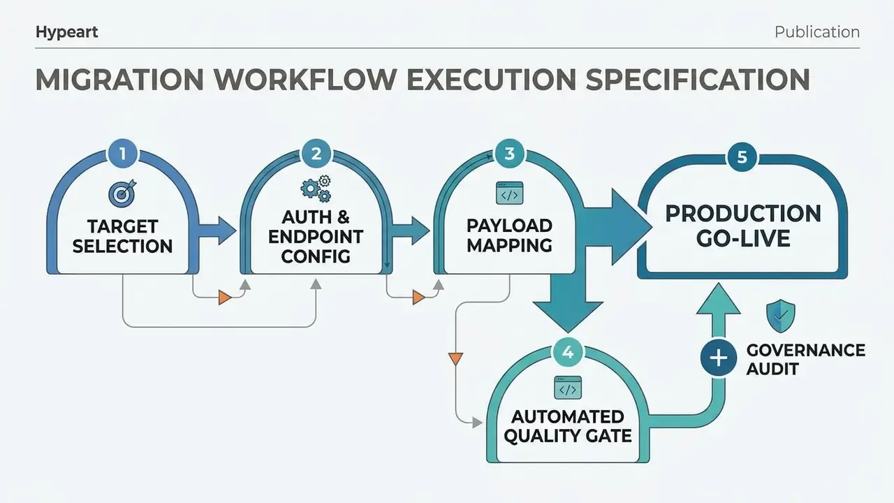 Linear workflow diagram showing five numbered steps from target selection to production go-live