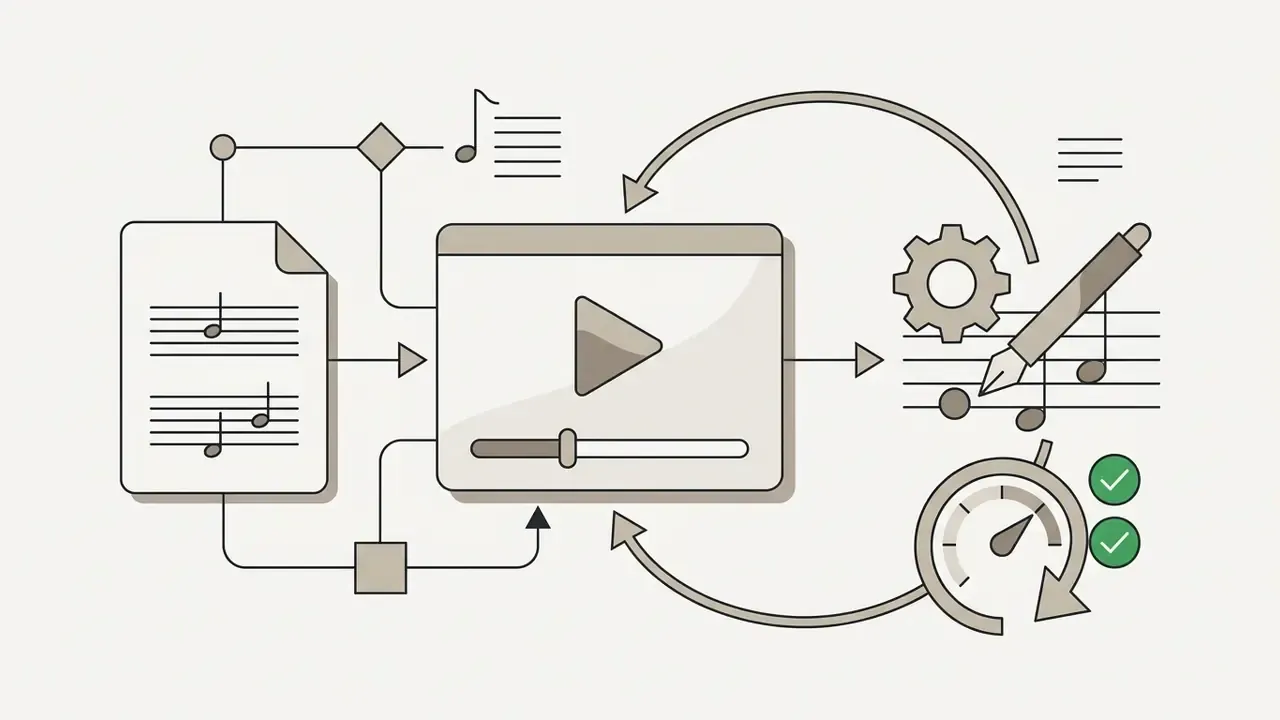 Diagram showing an interactive audio playback interface for editing and verifying guitar tab output