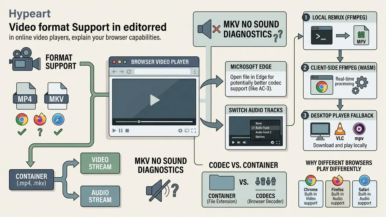 Diagram showing troubleshooting steps for browser video playback issues and codec compatibility