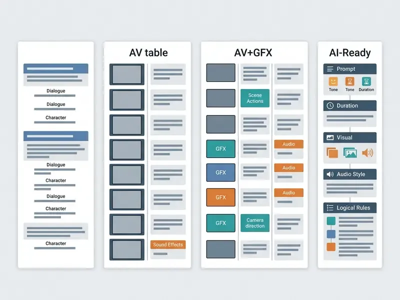 Side by side layout showing single column, AV table, AV+GFX, and AI-Ready script structures
