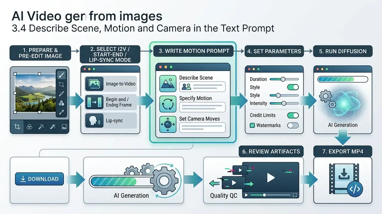 Seven step workflow diagram illustrating the process from image preparation to final video export