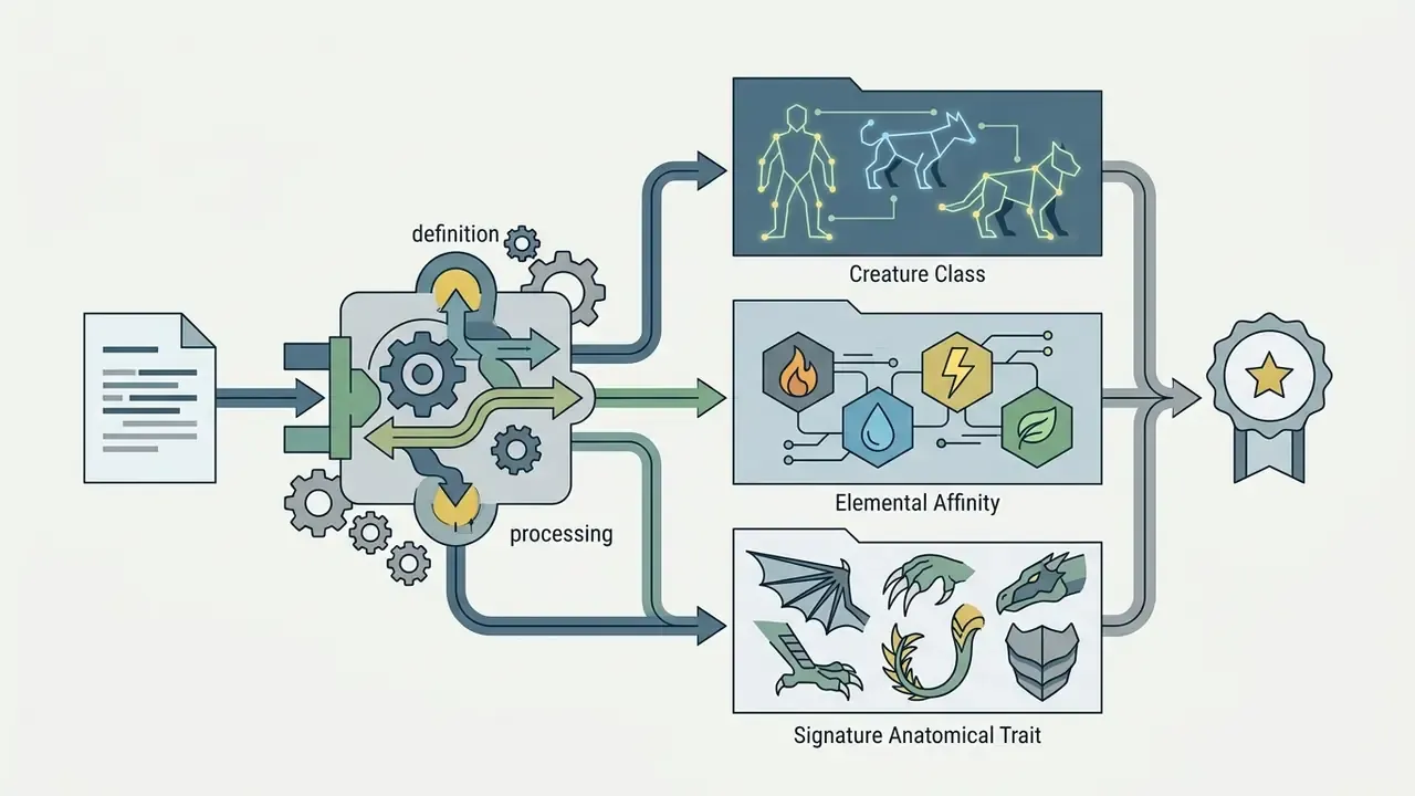 Document data entering a processing hub to define creature class, elemental affinity, and physical traits