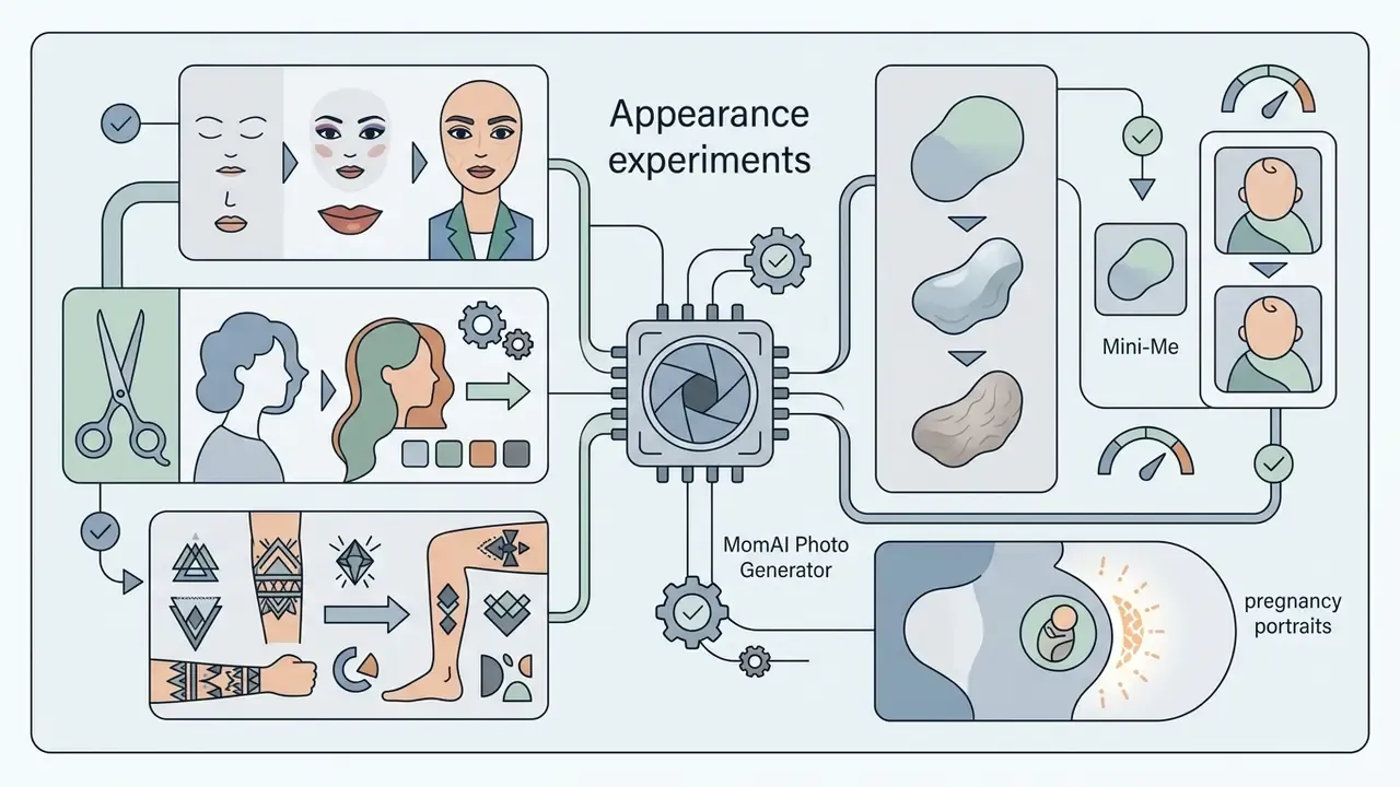Central processor connecting icons for makeup, hairstyles, tattoos, baby transformations, and pregnancy