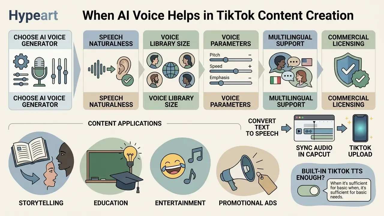 Infographic detailing criteria for selecting an AI voice generator for TikTok content creation
